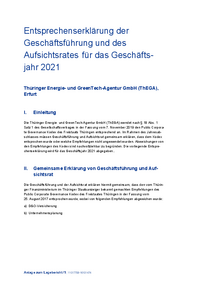 2021 - Entsprechenserklärung der Geschäftsführung und des Aufsichtsrates der Thüringer Energie- und GreenTech-Agentur (ThEGA) gemäß des Public Corporate Governance Kodex des Freistaates Thüringen.