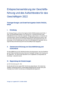 2022 - Entsprechenserklärung der Geschäftsführung und des Aufsichtsrates der Thüringer Energie- und GreenTech-Agentur (ThEGA) gemäß des Public Corporate Governance Kodex des Freistaates Thüringen.